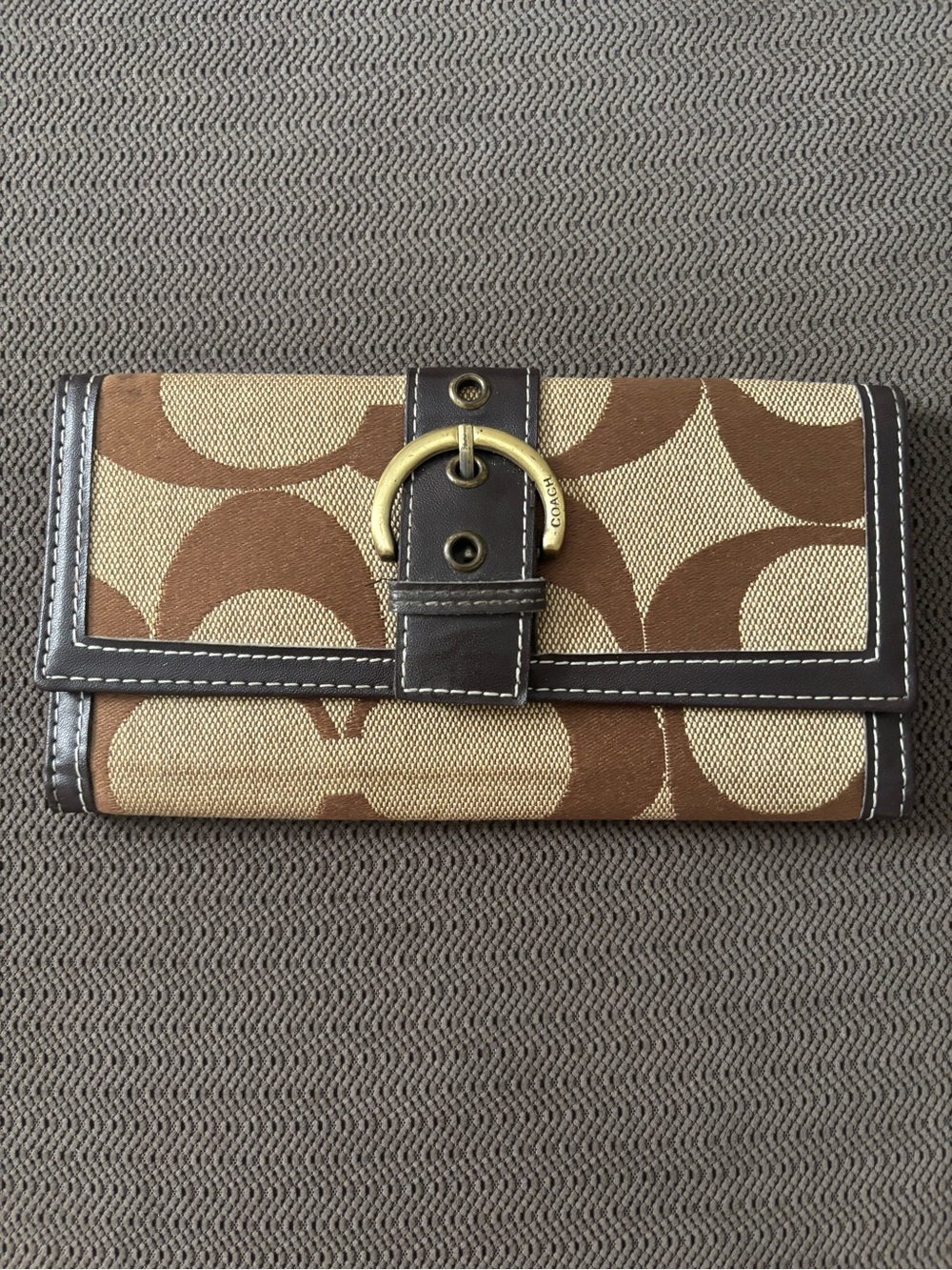 Coach Brown and Tan Signature Canvas Buckle Wallet